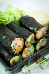 closeup Salad roll in black dish