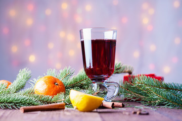 Hot mulled wine with spices, fir tree branch and citrus fruits 
