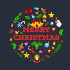 Winter greeting card, Christmas holiday banner with decoration ribbons and xmas jingle bells. merry christmas template