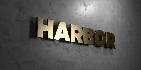 Harbor - Gold sign mounted on glossy marble wall  - 3D rendered royalty free stock illustration. This image can be used for an online website banner ad or a print postcard.
