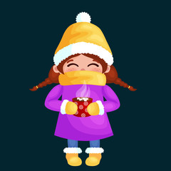 Hand drawn beautiful cute girl with cup of coffee in hands. Winter holiday and Merry Christmas kids vector illustration.