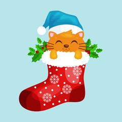 Merry Christmas and happy new year, animals holiday Cat in Santa xmas Sock Vector Illustration