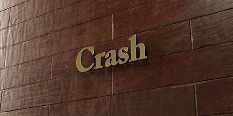 Crash - Bronze plaque mounted on maple wood wall  - 3D rendered royalty free stock picture. This image can be used for an online website banner ad or a print postcard.