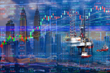Stock market concept with oil rig and cityscape background