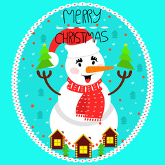 Greeting card merry Christmas. Snowman in Christmas cap and scar