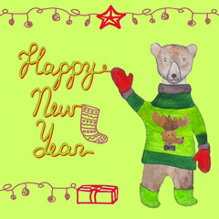 Happy New Year card with a cute watercolor bear in mittens and sweater.