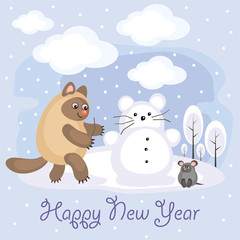 New Year greeting card with an amusing cat and mouse. Winter entertainments. Fun children's background in cartoon style. 