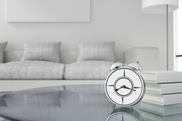 3D rendering : illustration of retro alarm clock put on wooden table.with blurred living room in bakcground.morning.wake up to rest concept.copyspace
