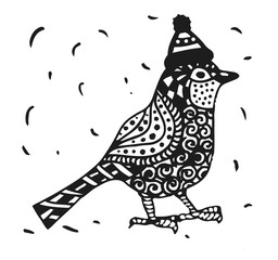 Bird in hat. Cristmas symbol. Graphic.
