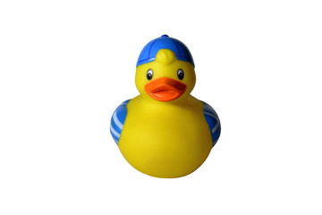 Yellow rubber duck in the hat. Bathing toy in the bathroom. Isolated on white background
