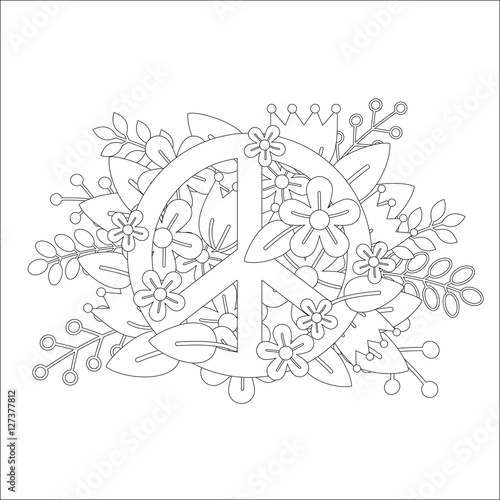 "Coloring page design with peace symbol and flowers. Vector ilustration