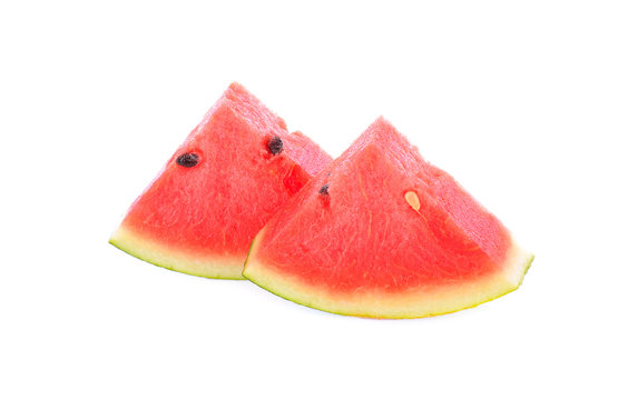 Two pieces of watermelon on a white background.