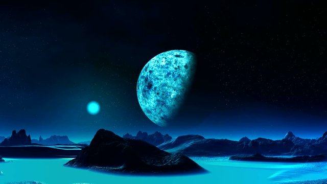 Blue Moon Rise On An Alien Planet. Mountain and the hills are among the glowing blue mist. Due to the horizon rises a bright blue moon. In the dark night sky bright stars and a huge planet. 