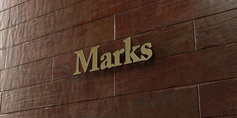 Marks - Bronze plaque mounted on maple wood wall  - 3D rendered royalty free stock picture. This image can be used for an online website banner ad or a print postcard.