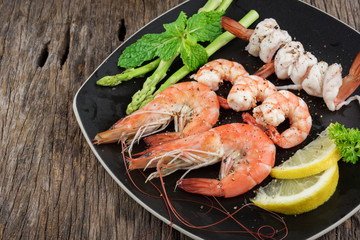 FoodShrimps. Prawns on a wood Background .Seafood