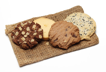 The chocolate cookies on sack set for relax and break from meeting. Close up Concept