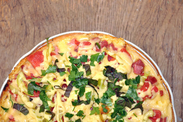 Delicious italian pizza served on wooden table