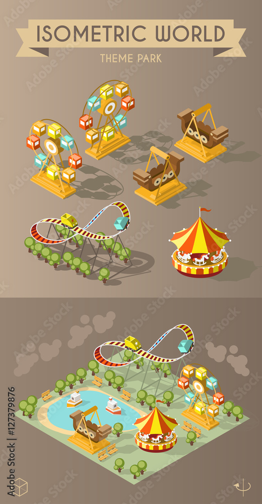Poster set of isolated isometric minimal city elements. theme park with shadows on dark background.