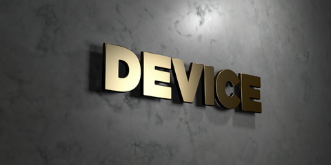 Device - Gold sign mounted on glossy marble wall  - 3D rendered royalty free stock illustration. This image can be used for an online website banner ad or a print postcard.