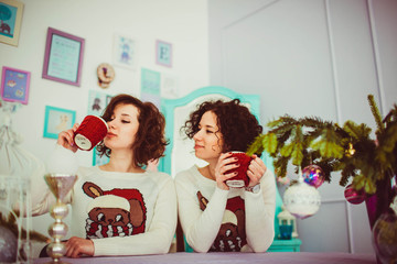 beautiful and funny twins in cute sweaters sitting at the table