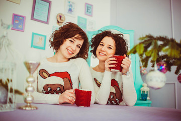 beautiful and funny twins in cute sweaters sitting at the table