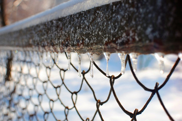 Diagonal row of icicles hanging on the mesh fence under the layer of snow on a cold frosty day in winter
