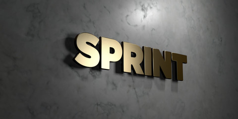 Sprint - Gold sign mounted on glossy marble wall  - 3D rendered royalty free stock illustration. This image can be used for an online website banner ad or a print postcard.