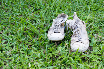 Lack old shoe lay on the grass green.
