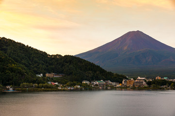 Mt. Fuji sunset in autumn at Lake Kawaguchiko in Yamanashi, Japan