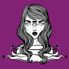 Portrait of mystic girl with three eyes. Vector illustration of a witch mutant. Monster with three eyes.