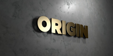 Origin - Gold sign mounted on glossy marble wall  - 3D rendered royalty free stock illustration. This image can be used for an online website banner ad or a print postcard.