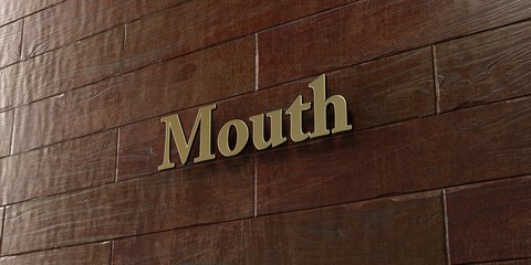 Mouth - Bronze plaque mounted on maple wood wall  - 3D rendered royalty free stock picture. This image can be used for an online website banner ad or a print postcard.
