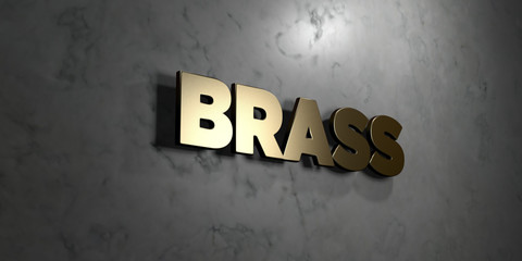 Brass - Gold sign mounted on glossy marble wall  - 3D rendered royalty free stock illustration. This image can be used for an online website banner ad or a print postcard.