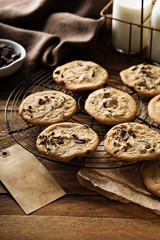 Homemade chocolate chip cookies with milk