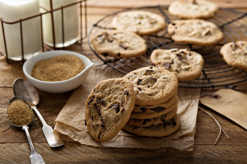 Homemade chocolate chip cookies with milk