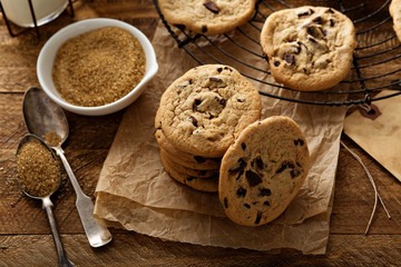 Homemade chocolate chip cookies with milk