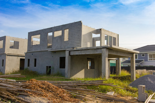 exterior view of new house under construction.