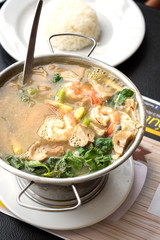 Thai Food Spicy Mixed Vegetable Soup with Prawns - street food a