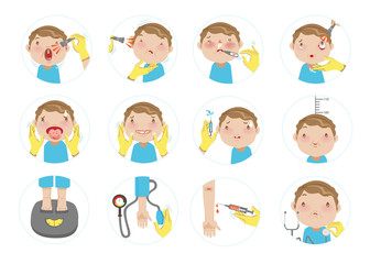 physical examination Hand of  doctor examining patient boy. The concept of health care. Vector cartoon illustration.