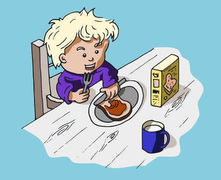 Kleuter eet een boterham met pindakaas