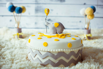 beautiful and delicious cake with cute gray elephant