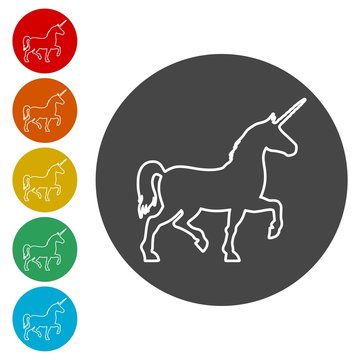 Silhouette of Unicorn Horse line icons set 