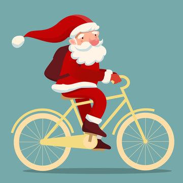 Cute Santa Claus on bicycle with backpack. Trendy hipster santa. Template for christmas cards, posters.