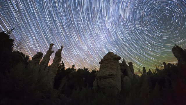 4K Star Trails Night Sky Circle Over Mono Lake Tufas