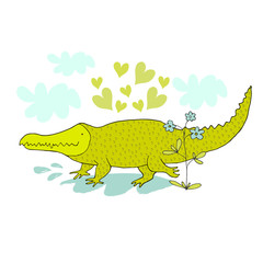 Cartoon crocodile in love. Hand drawn vector illustration. Can be used for kid's or baby's shirt design, fashion graphic, fashion print design, t-shirt and kids wear.