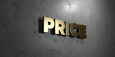 Price - Gold sign mounted on glossy marble wall  - 3D rendered royalty free stock illustration. This image can be used for an online website banner ad or a print postcard.