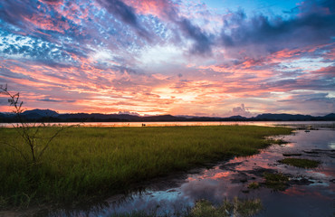 landscape mountains and water view in sunset  sky, in kanchanabu