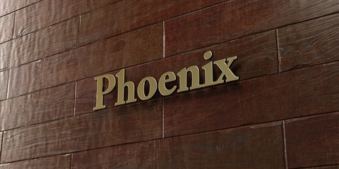 Phoenix - Bronze plaque mounted on maple wood wall  - 3D rendered royalty free stock picture. This image can be used for an online website banner ad or a print postcard.