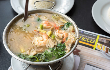 Thai Food Spicy Mixed Vegetable Soup with Prawns - street food a