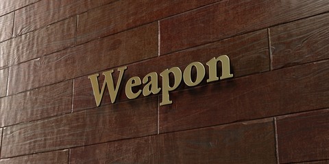 Weapon - Bronze plaque mounted on maple wood wall  - 3D rendered royalty free stock picture. This image can be used for an online website banner ad or a print postcard.